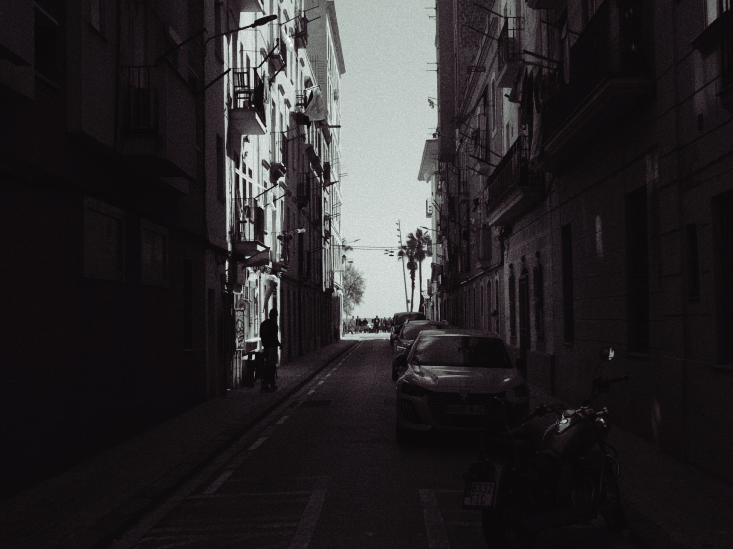 Callejón angosto entre edificios, blanco y negro